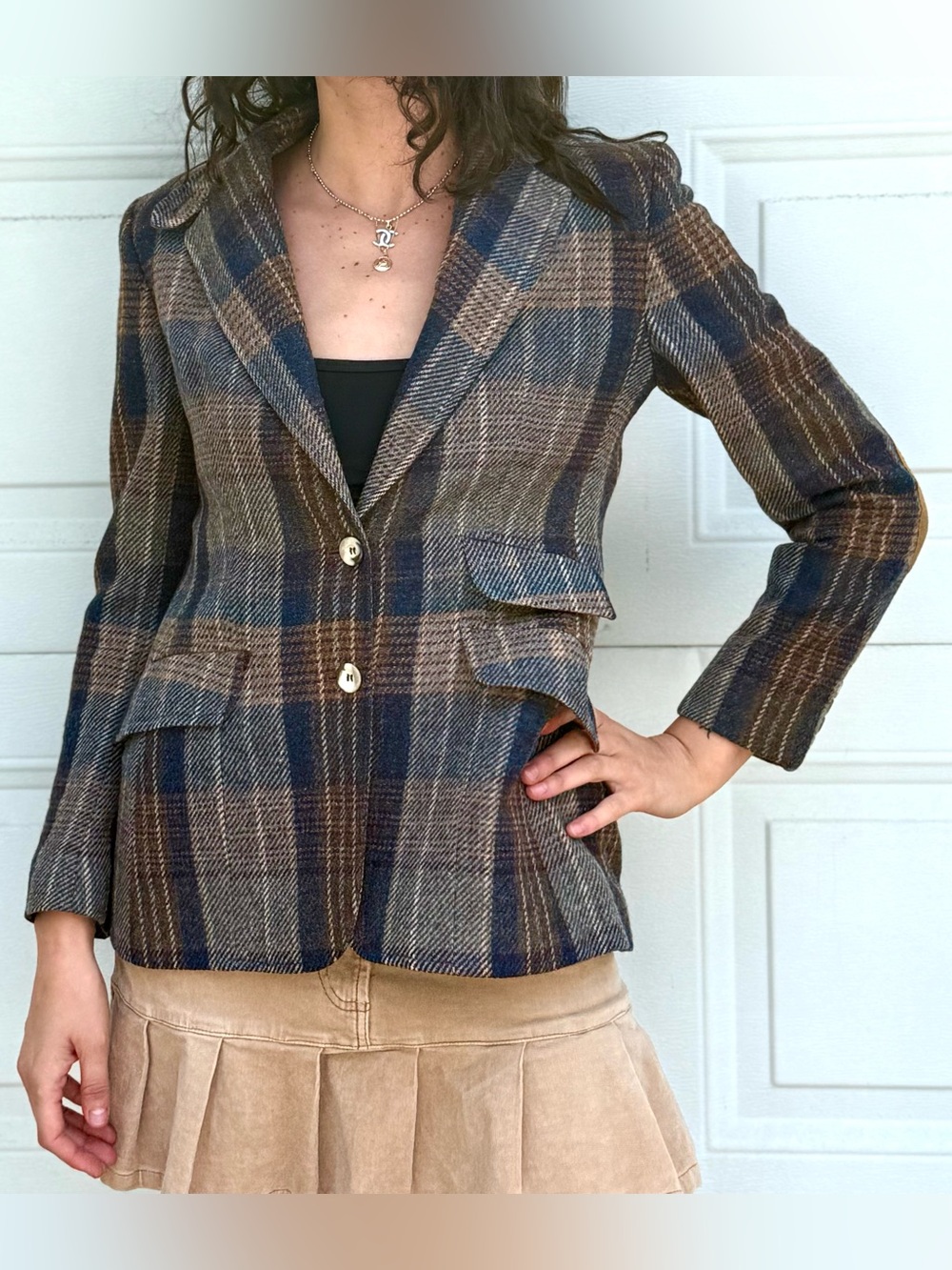 Vintage Brown & Navy Plaid Tweed Jacket Patch Elbows Academia